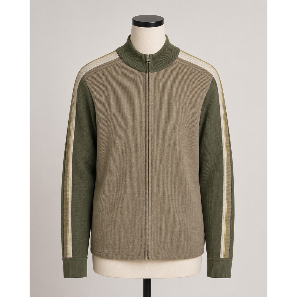 Joe Boxer Full Zip Sweater Mens Large Green Tan Stripe Colorblock Cotton Knit